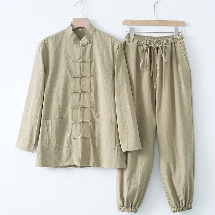 Buddha Stones瞑想カエルボタン唐草長袖シャツパンツメンズスーツ - ベージュのシャツとベージュのパンツ - US/UK/AU44、 EU54 (4XL) - image 15