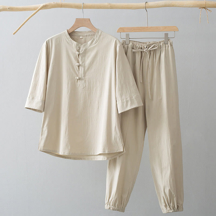 Buddha Stonesフロッグボタン 七分袖シャツパンツ メンズスーツ - アンティークホワイトシャツ＆アンティークホワイトパンツ - US/UK/AU44、 EU54 (4XL) - image 0