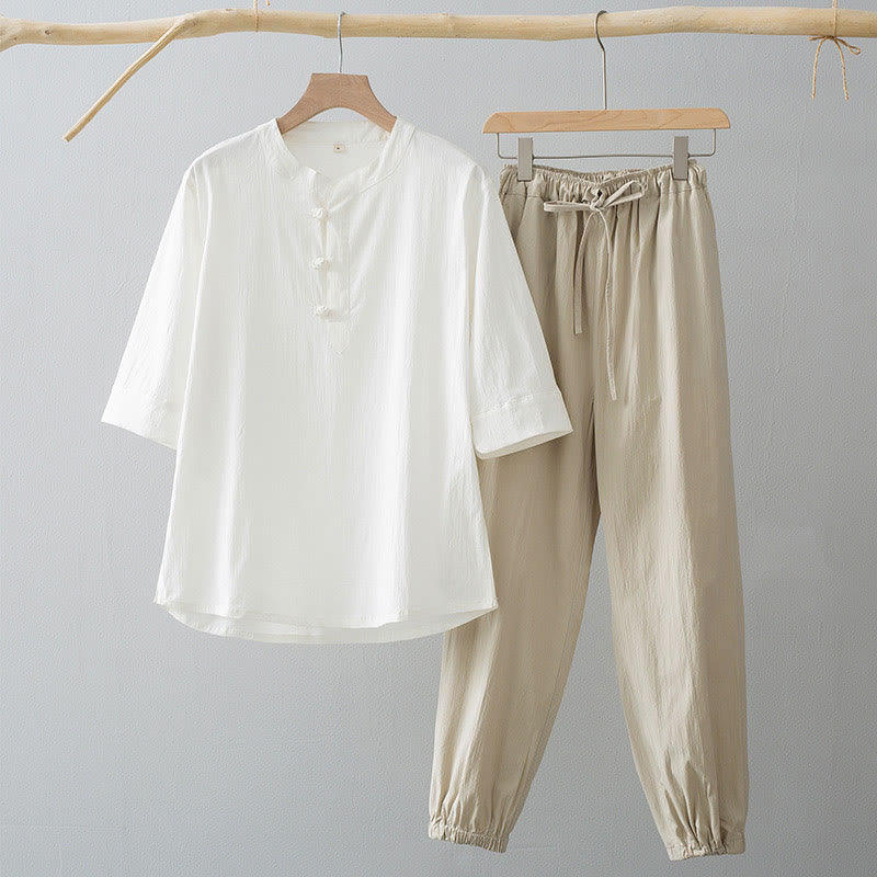 Buddha Stonesフロッグボタン 七分袖シャツパンツ メンズスーツ - ホワイトシャツ＆アンティークホワイトパンツ - US/UK/AU44、 EU54 (4XL) - image 7