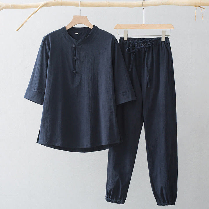 Buddha Stonesフロッグボタン 七分袖シャツパンツ メンズスーツ - ミッドナイトブルーシャツ＆ミッドナイトブルーパンツ - US/UK/AU44、 EU54 (4XL) - image 4