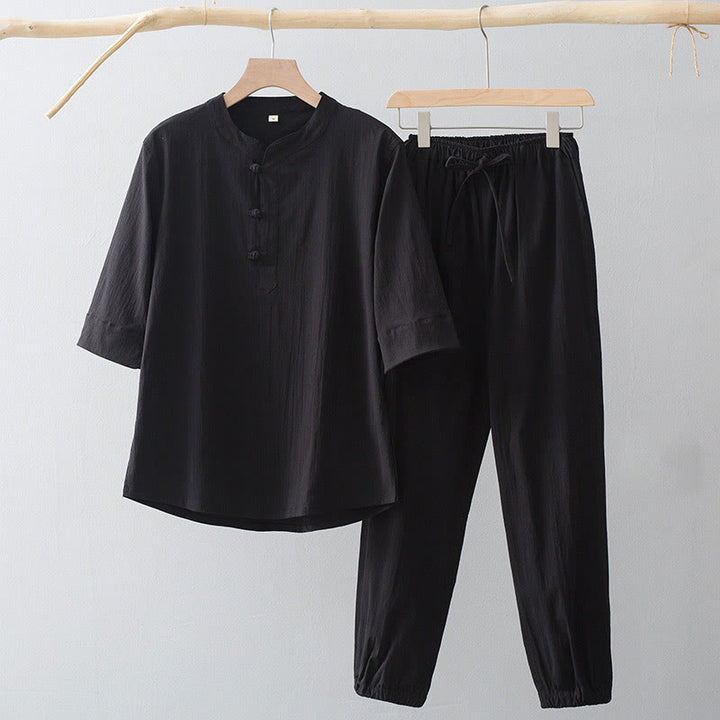 Buddha Stonesフロッグボタン 七分袖シャツパンツ メンズスーツ - 黒シャツ＆黒パンツ - US/UK/AU44、 EU54 (4XL) - image 3