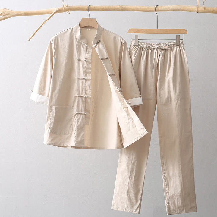 Buddha Stones Tang フロッグボタン 七分袖シャツ ワイドレッグパンツ コットンリネン メンズスーツ - 小麦 - US/UK/AU44、 EU54 (4XL) - image 0