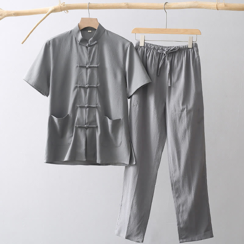 Buddha Stones唐蛙ボタン半袖シャツワイドレッグパンツメンズスーツ - ディムグレー - US/UK/AU44、 EU54 (4XL) - image 1