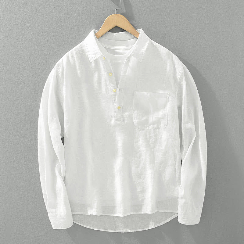 Buddha Stones無地 ゆったり 長袖 ハーフボタン シャツ リネン メンズ 服 - 白 - US/UK/AU42、 EU52 (3XL) - image 1