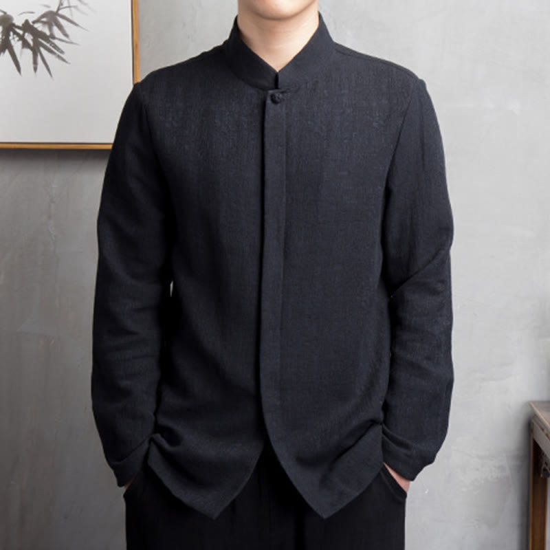 Buddha Stones無地中国唐装コットンリネンジャケットメンズ服 - 黒 - US/UK/AU42、EU52（4XL） - image 7