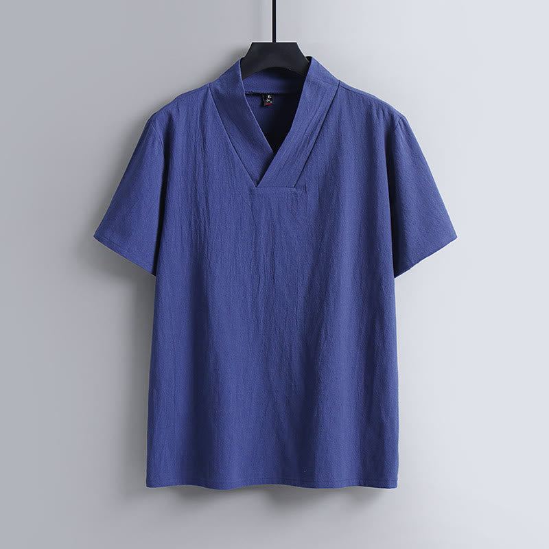 Buddha StonesゆったりメンズTシャツ 無地 半袖 Vネック 通気性のあるコットンリネンシャツ - ロイヤルブルー - US/UK/AU54、 EU64 (9XL) - image 3