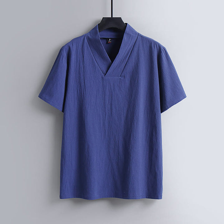 Buddha StonesゆったりメンズTシャツ 無地 半袖 Vネック 通気性のあるコットンリネンシャツ - ロイヤルブルー - US/UK/AU54、 EU64 (9XL) - image 3