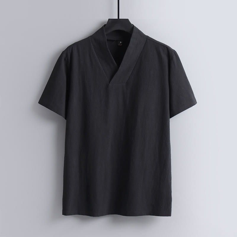 Buddha StonesゆったりメンズTシャツ 無地 半袖 Vネック 通気性のあるコットンリネンシャツ - 黒 - US/UK/AU54、 EU64 (9XL) - image 2
