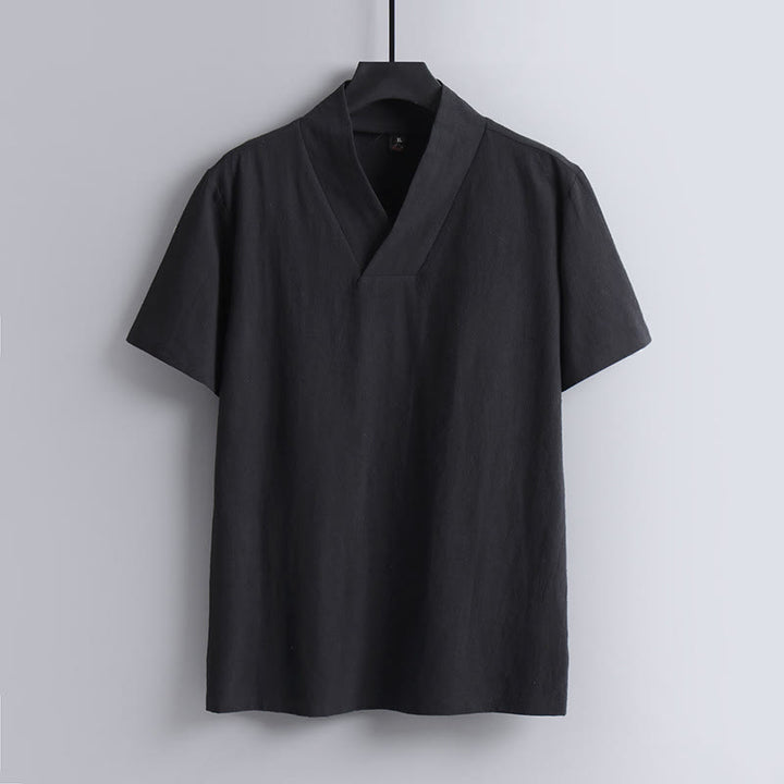 Buddha StonesゆったりメンズTシャツ 無地 半袖 Vネック 通気性のあるコットンリネンシャツ - 黒 - US/UK/AU54、 EU64 (9XL) - image 2
