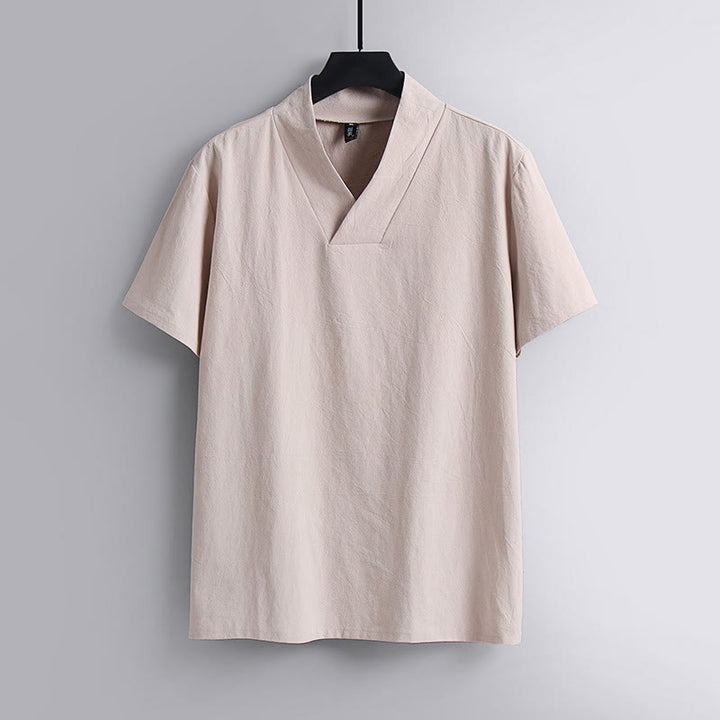 Buddha StonesゆったりメンズTシャツ 無地 半袖 Vネック 通気性のあるコットンリネンシャツ - ミスティローズ - US/UK/AU54、 EU64 (9XL) - image 4