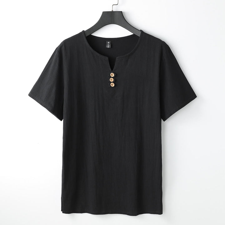 Buddha StonesメンズTシャツ 無地 半袖 3つボタン Vネック ソフトシャツ - 黒 - US/UK/AU54、 EU64 (9XL) - image 10