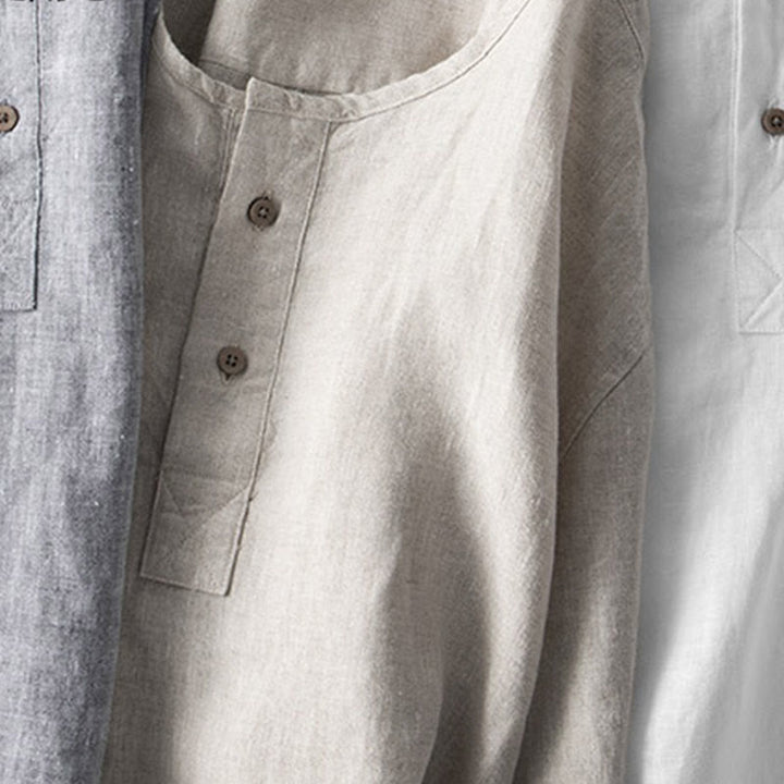 Buddha Stones無地長袖ボタンシャツリネンメンズ服 - image 14