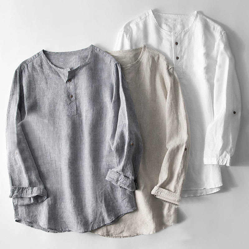 Buddha Stones無地長袖ボタンシャツリネンメンズ服 - image 3