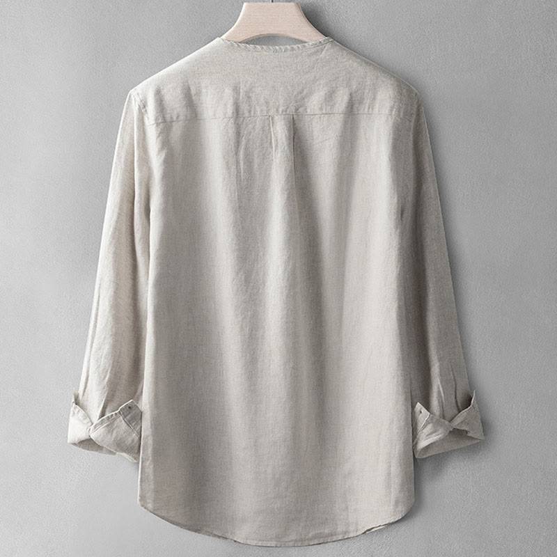 Buddha Stones無地長袖ボタンシャツリネンメンズ服 - image 11