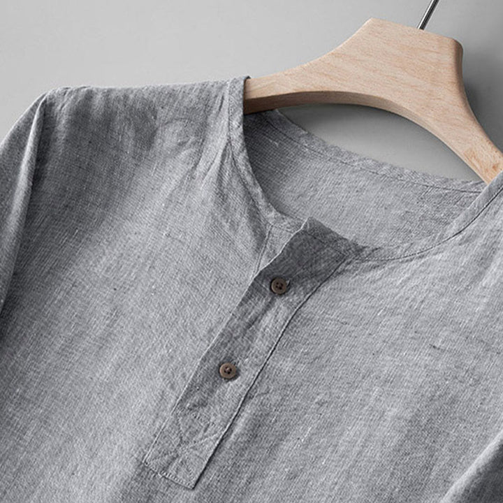 Buddha Stones無地長袖ボタンシャツリネンメンズ服 - image 6