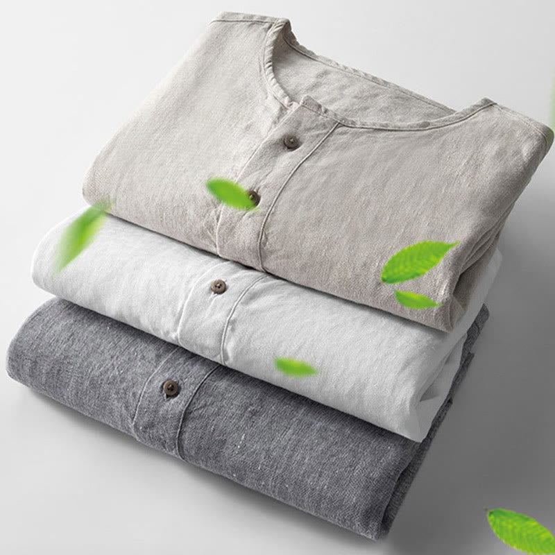 Buddha Stones無地長袖ボタンシャツリネンメンズ服 - image 4