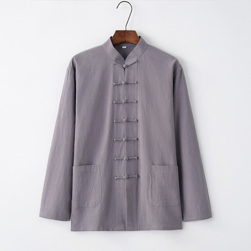 Buddha Stones唐蛙ボタン長袖シャツ コットン メンズ服 - ライトスレートグレー - US/UK/AU44、 EU54 (4XL) - image 0