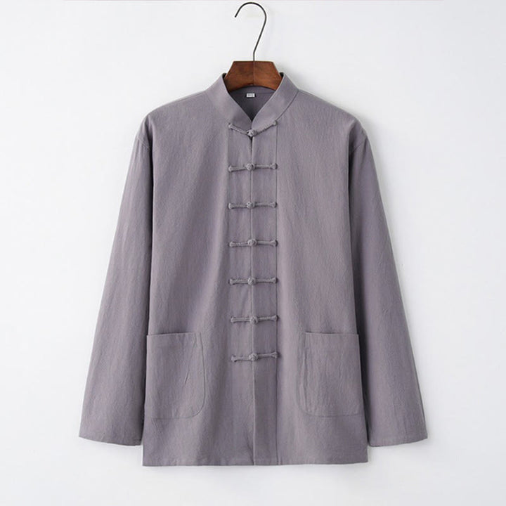 Buddha Stones唐蛙ボタン長袖シャツ コットン メンズ服 - ライトスレートグレー - US/UK/AU44、 EU54 (4XL) - image 0