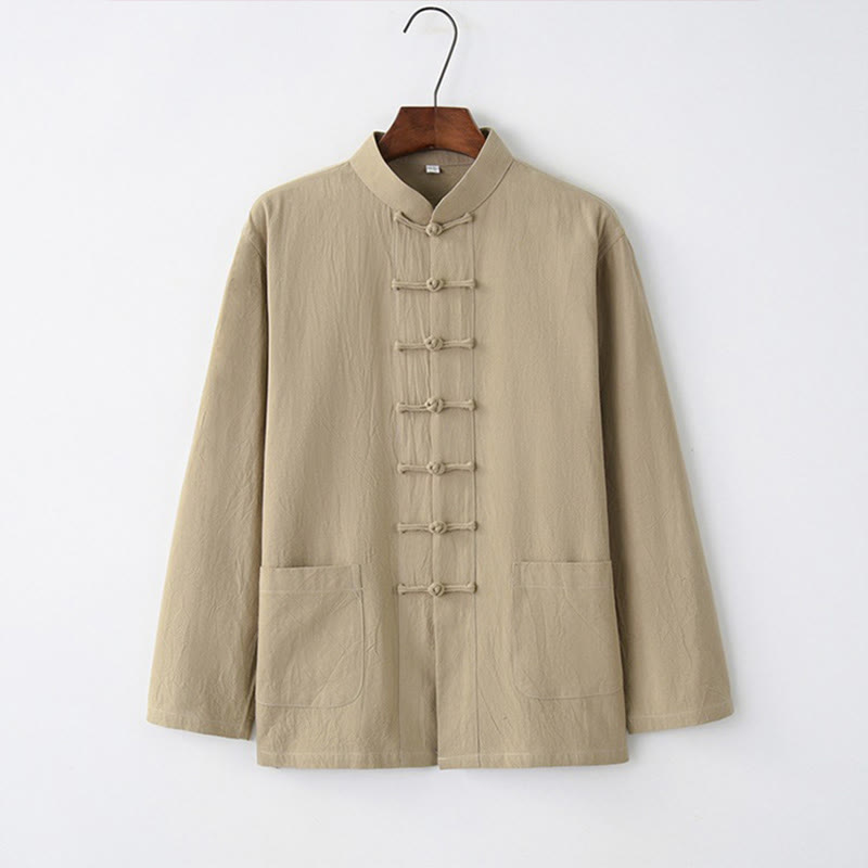 Buddha Stones唐蛙ボタン長袖シャツ コットン メンズ服 - タン - US/UK/AU44、 EU54 (4XL) - image 7