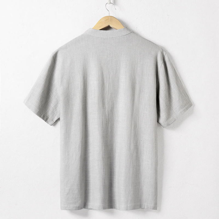 Buddha Stonesゆったりメンズシャツ 無地 ノッチネック トップス 半袖 快適 ボタン 通気性 コットンリネンシャツ - image 5