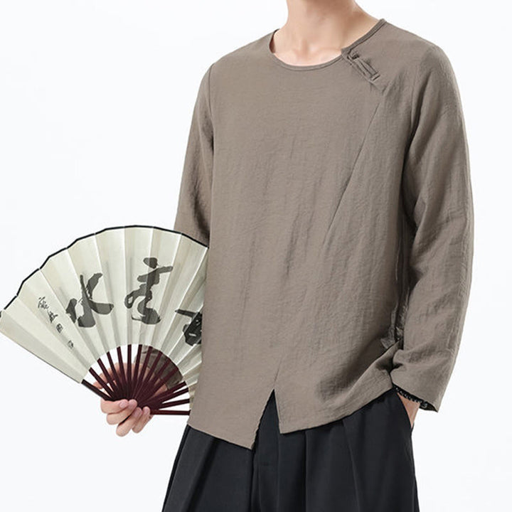 Buddha Stonesメンズ 長袖 ラウンドカラー コンフォート コットンリネン シャツ - image 5