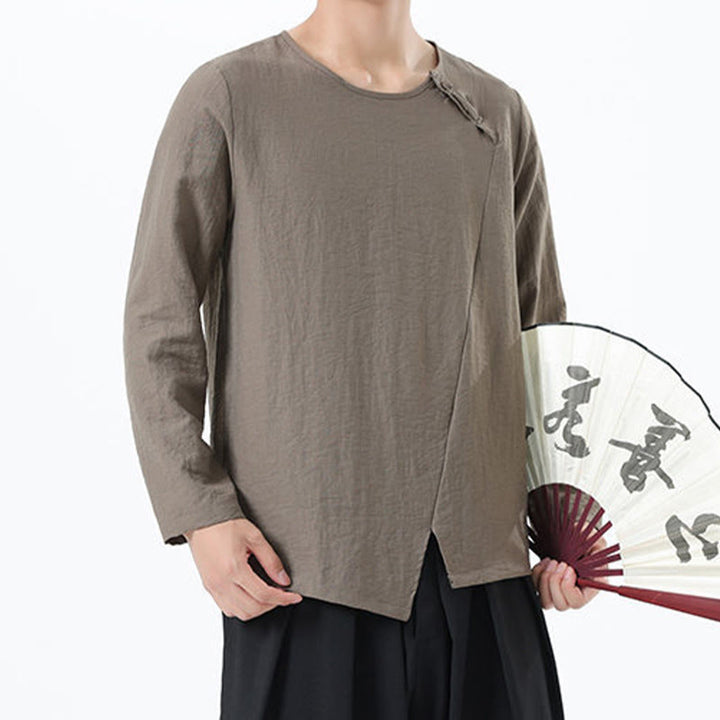 Buddha Stonesメンズ 長袖 ラウンドカラー コンフォート コットンリネン シャツ - image 1