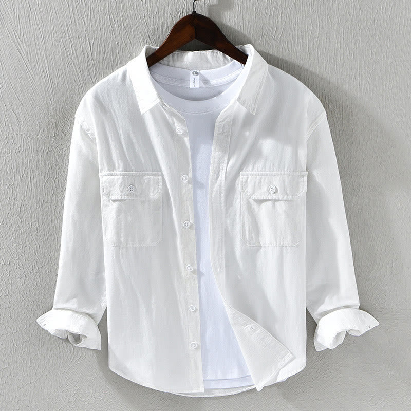 Buddha Stonesメンズ 長袖 ターンダウンカラー ポケット付き ピュアカラー カジュアル コットンシャツ - 白 - US/UK/AU46、 EU56 (5XL) - image 11