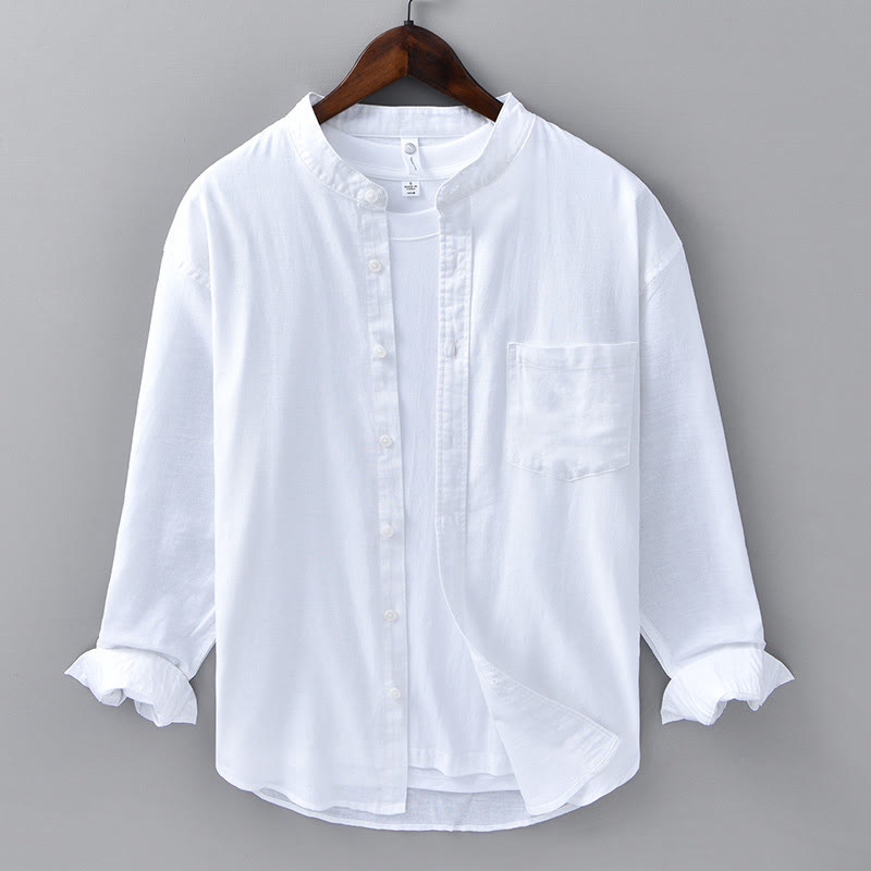 Buddha Stones メンズ 長袖 コットンリネン 無地 スタンドカラー ポケット付き カジュアルシャツ - 白 - US/UK/AU40、EU50（3XL） - image 5