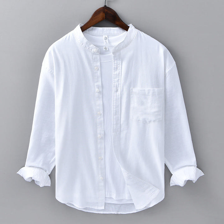 Buddha Stones メンズ 長袖 コットンリネン 無地 スタンドカラー ポケット付き カジュアルシャツ - 白 - US/UK/AU40、EU50（3XL） - image 5