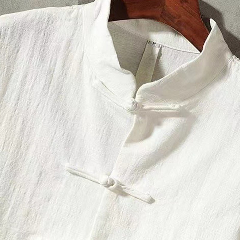 Buddha Stonesメンズ タン ロングスリーブ シャツ フロッグボタン ポケット付き スタンドカラー コンフォートリネンシャツ - image 2