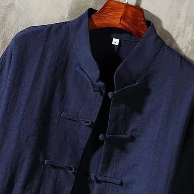 Buddha Stonesメンズ タン ロングスリーブ シャツ フロッグボタン ポケット付き スタンドカラー コンフォートリネンシャツ - image 9