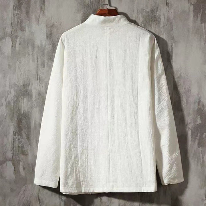 Buddha Stonesメンズ タン ロングスリーブ シャツ フロッグボタン ポケット付き スタンドカラー コンフォートリネンシャツ - image 1