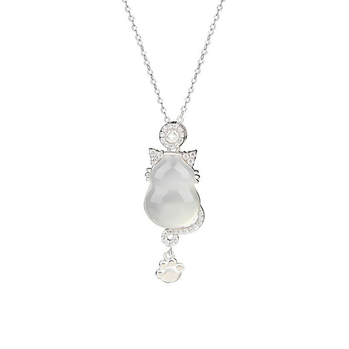 Buddha Stones 925スターリングシルバーメッキ 14Kゴールド ホワイトジェイド ひょうたん 猫 守護 ネックレス ペンダント - image 1