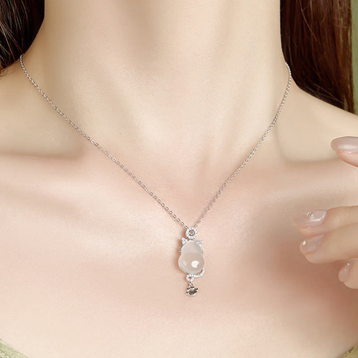 Buddha Stones 925スターリングシルバーメッキ 14Kゴールド ホワイトジェイド ひょうたん 猫 守護 ネックレス ペンダント - image 4