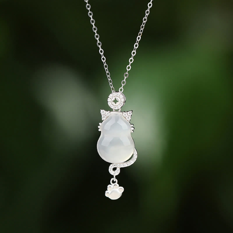 Buddha Stones 925スターリングシルバー 14Kゴールド ホワイトジェイド ひょうたん 猫守護ネックレスペンダント - 925スターリングシルバー - image 1