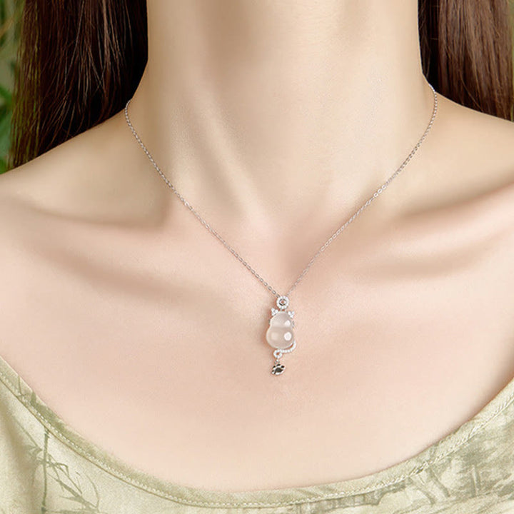 Buddha Stones 925スターリングシルバー 14Kゴールド ホワイトジェイド ひょうたん 猫守護ネックレスペンダント - image 3