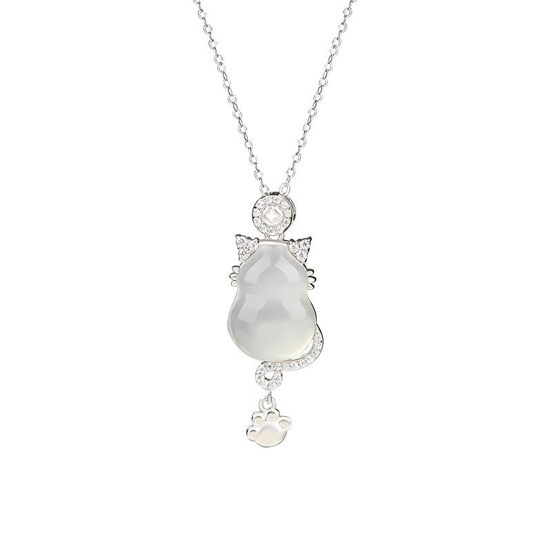 Buddha Stones 925スターリングシルバー 14Kゴールド ホワイトジェイド ひょうたん 猫守護ネックレスペンダント - image 2