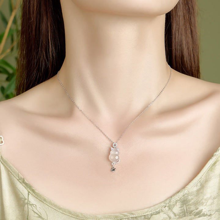 Buddha Stones 925スターリングシルバー 14Kゴールド ホワイトジェイド ひょうたん 猫守護ネックレスペンダント - image 4