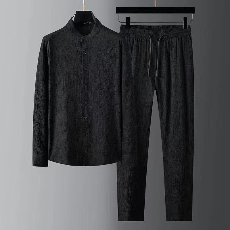 Buddha Stones純色長袖トップスパンツ服メンズセット - 黒 - US/UK/AU44、 EU54 (4XL) - image 0