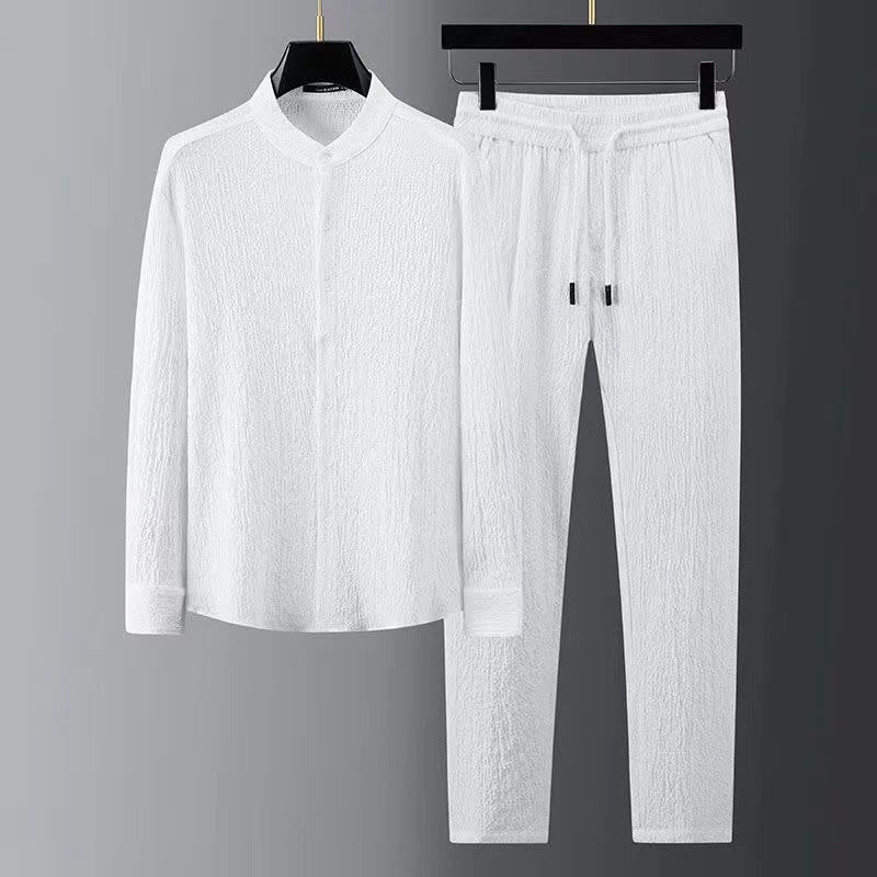Buddha Stones純色長袖トップスパンツ服メンズセット - 白 - US/UK/AU44、 EU54 (4XL) - image 4