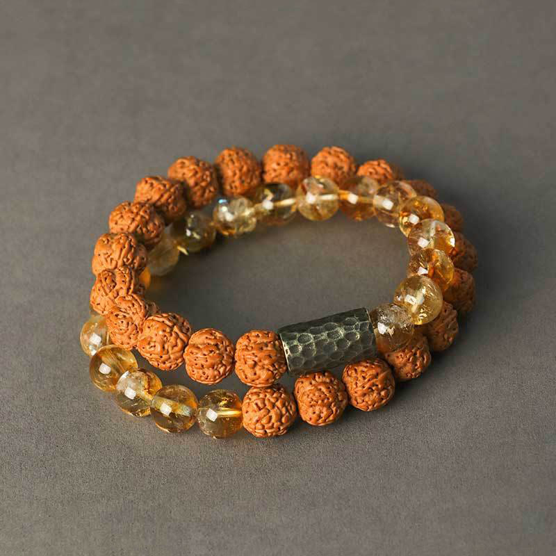 Buddha Stonesシトリン サンダルウッド 菩提樹の種子保護 ダブルラップブレスレット