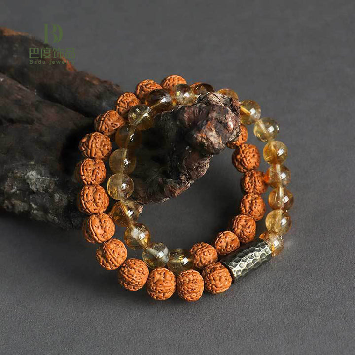Buddha Stonesシトリン サンダルウッド 菩提樹の種子保護 ダブルラップブレスレット