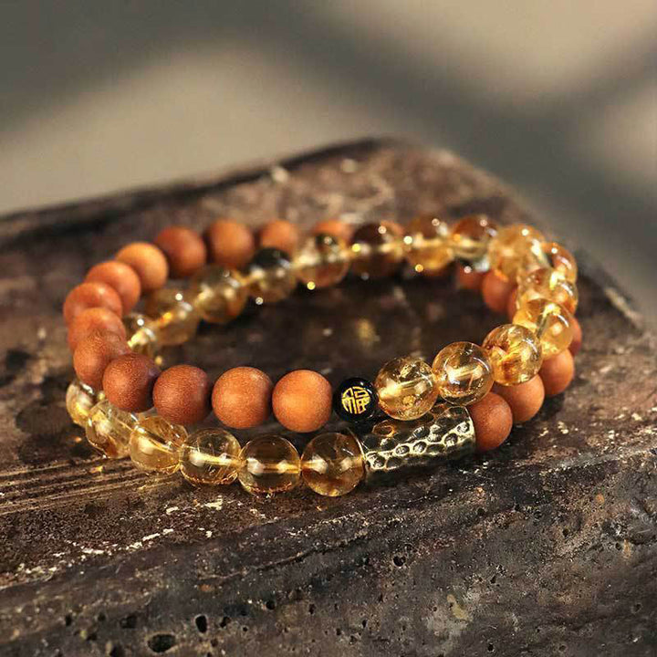 Buddha Stonesシトリン サンダルウッド 菩提樹の種子保護 ダブルラップブレスレット