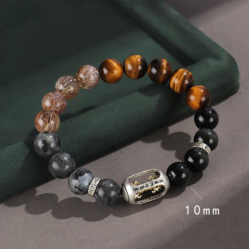 Buddha Stones925スターリングシルバー ブラックオニキス ゴールドシーン オブシディアン 溶岩タイガーアイ 六芒星 富の守護ブレスレット - 6つの真実の言葉（手首周り14～16cm） - image 0
