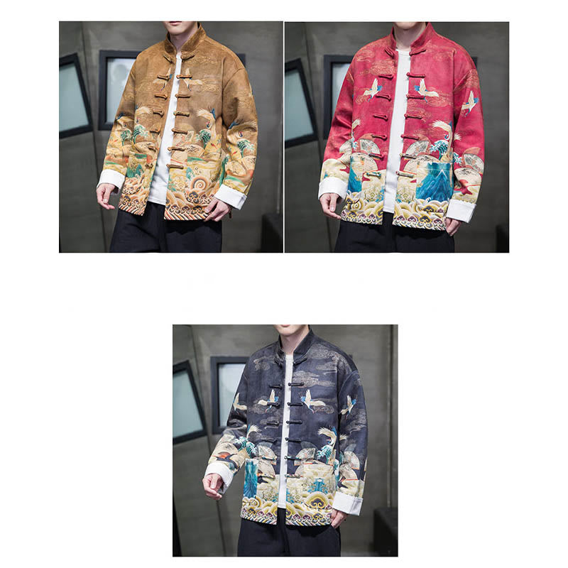 Buddha Stonesカエルボタン 中国唐装 鶴のキャラクター ロングシャツ コットンスエード メンズ ジャケット 衣類