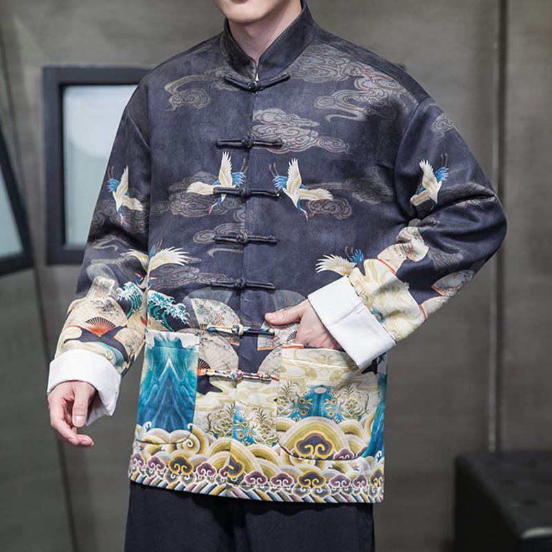 Buddha Stonesカエルボタン 中国唐装 鶴のキャラクター ロングシャツ コットンスエード メンズ ジャケット 衣類