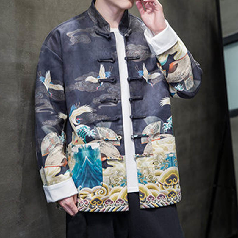 Buddha Stonesカエルボタン 中国唐装 鶴のキャラクター ロングシャツ コットンスエード メンズ ジャケット 衣類 - image 11