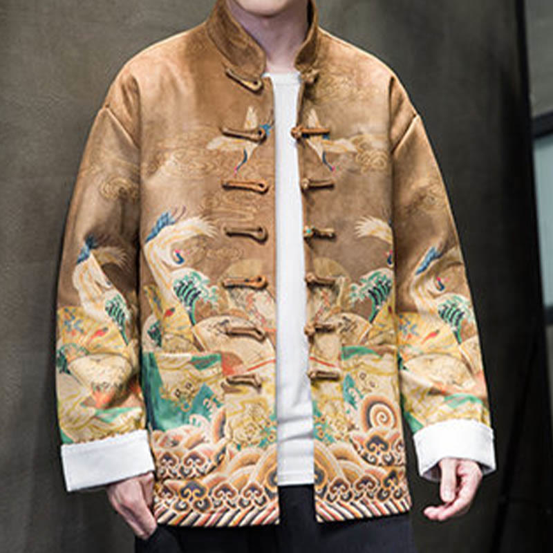 Buddha Stonesカエルボタン 中国唐装 鶴のキャラクター ロングシャツ コットンスエード メンズ ジャケット 衣類