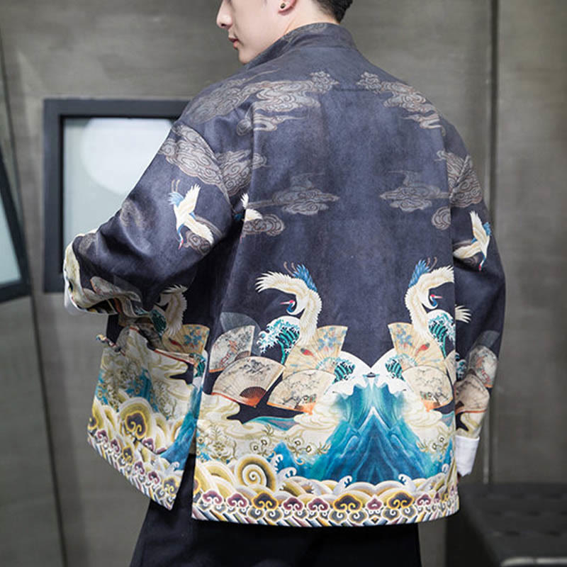 Buddha Stonesカエルボタン 中国唐装 鶴のキャラクター ロングシャツ コットンスエード メンズ ジャケット 衣類 - image 10