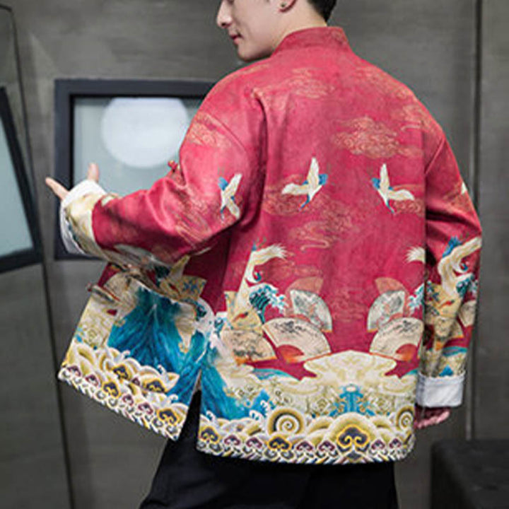 Buddha Stonesカエルボタン 中国唐装 鶴のキャラクター ロングシャツ コットンスエード メンズ ジャケット 衣類